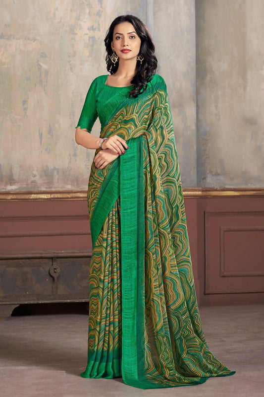 Chiffon Fabric Abstract Print Saree In Green Color