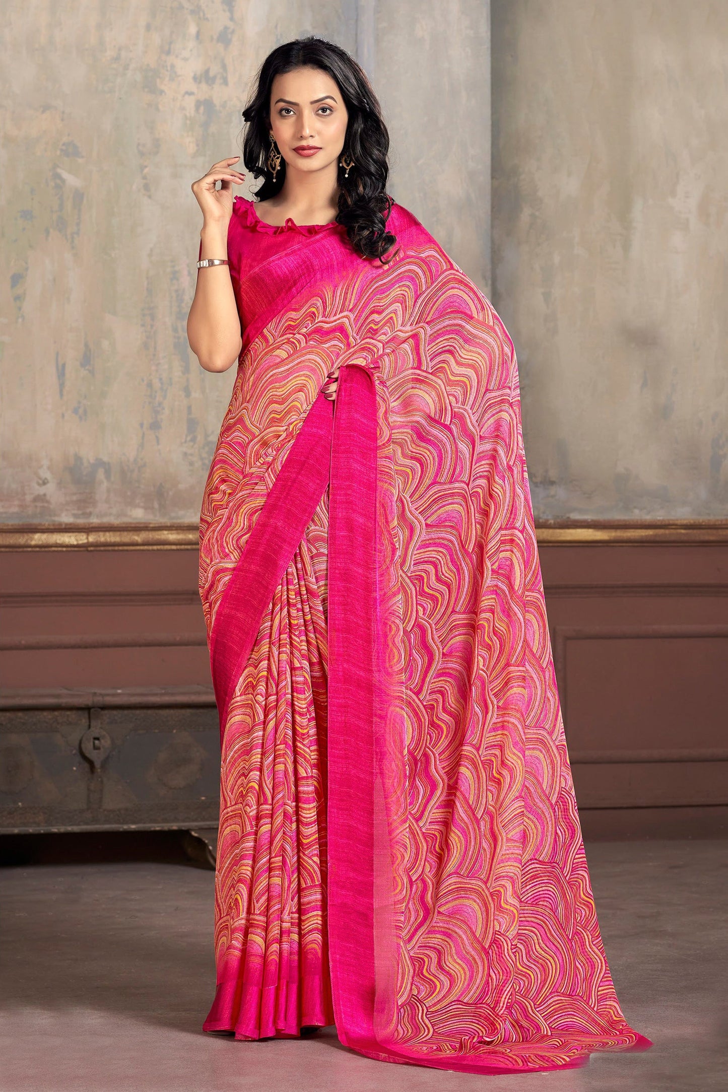 Chiffon Fabric Pink Color Abstract Print Saree