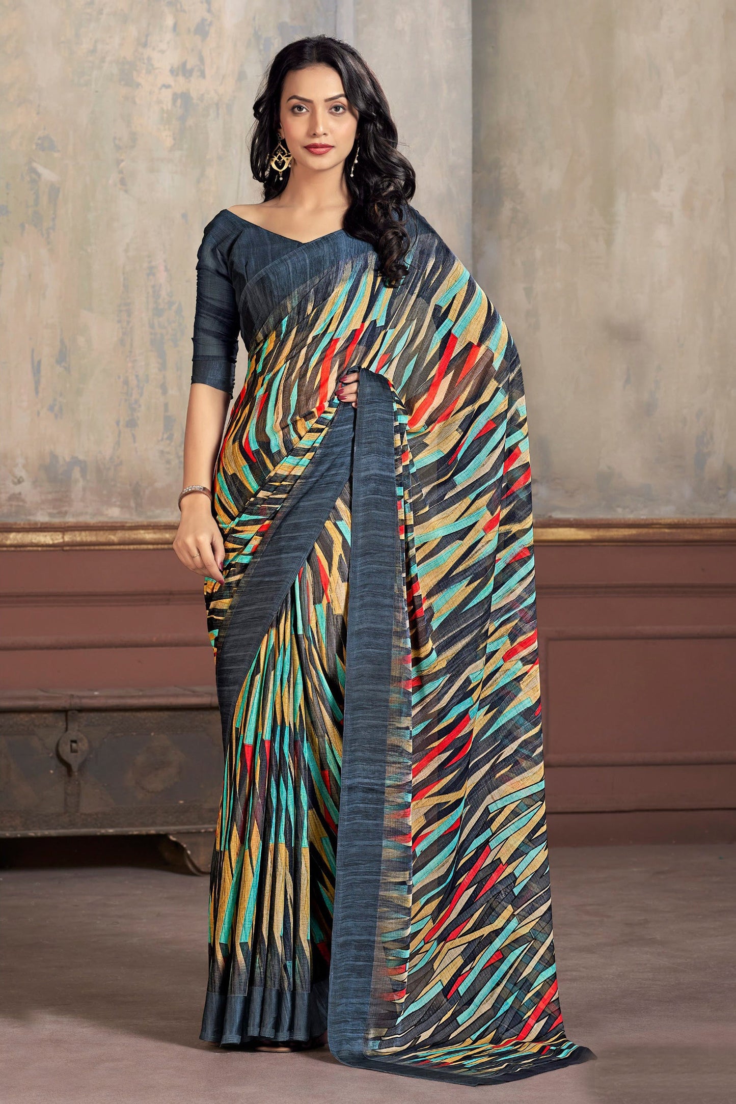 Attractive Multi Color Abstract Print Chiffon Fabric Simple Saree