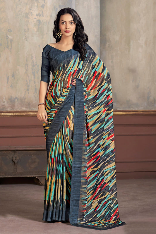 Attractive Multi Color Abstract Print Chiffon Fabric Simple Saree