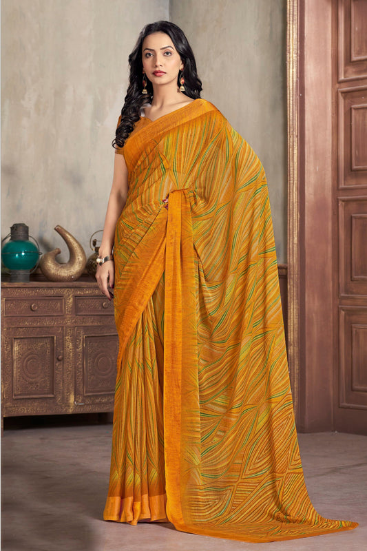 Delightful Mustard Abstract Print Chiffon Fabric Casual Saree