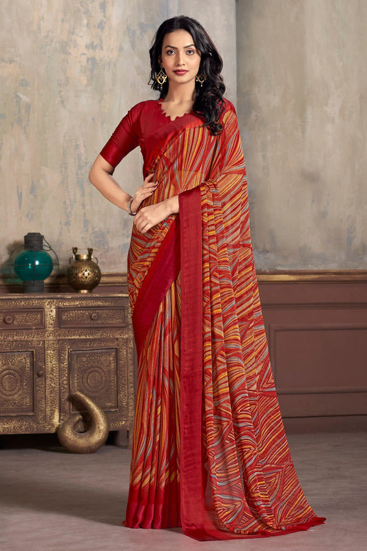 Daily Wear Chiffon Fabric Abstract Print Maroon Saree