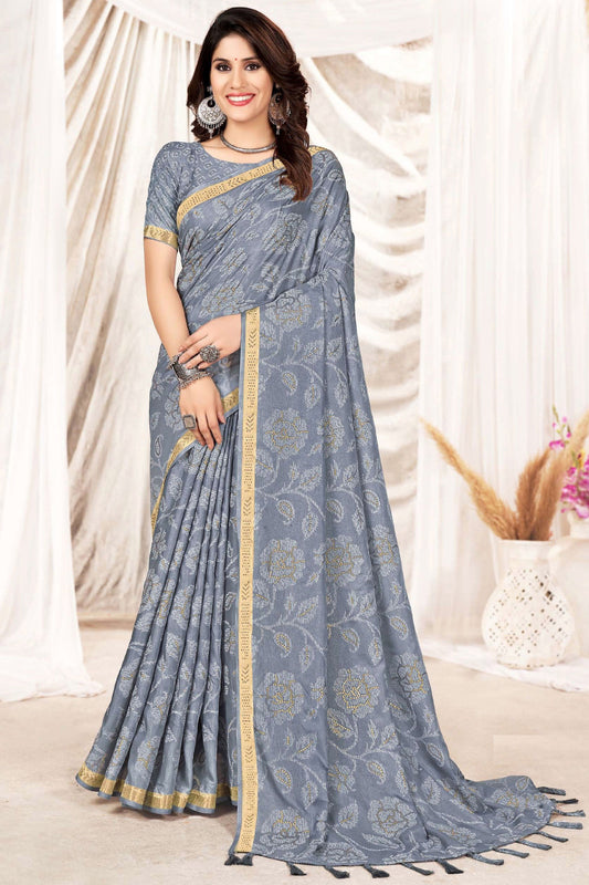 Art Silk Printed Saree In Grey Color