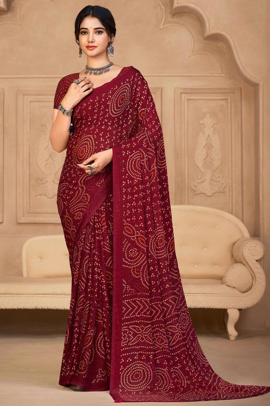 Maroon Color Classic Casual Chiffon Fabric Bandhej Print Saree