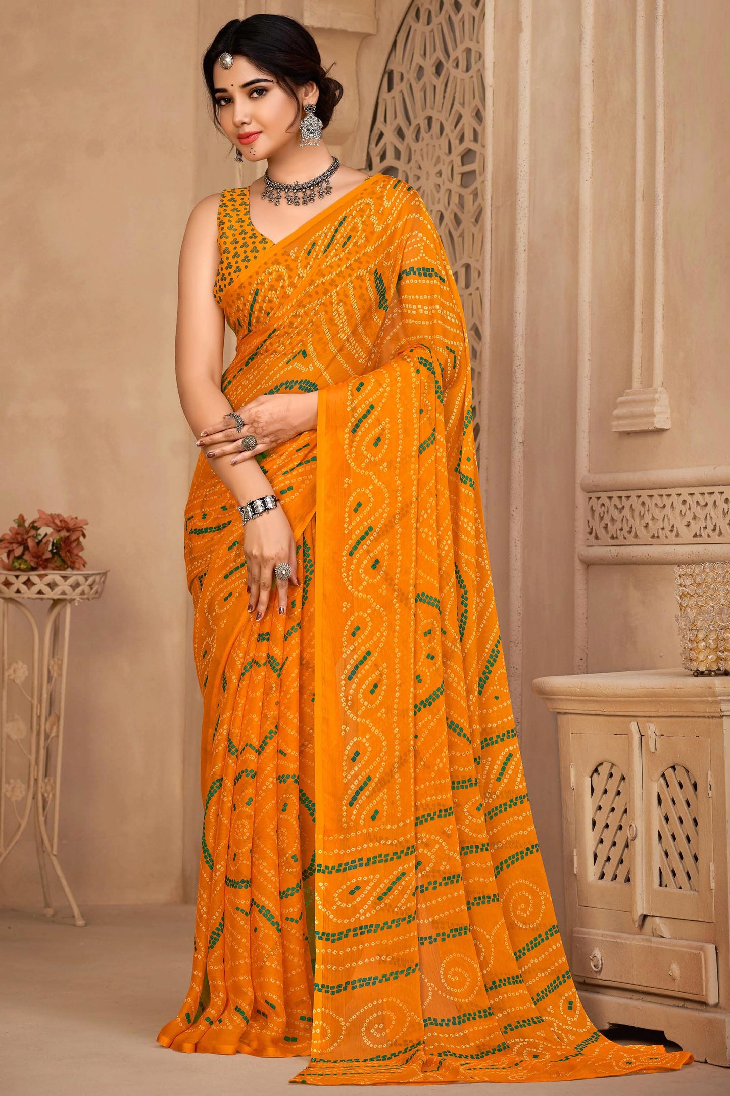 Chiffon Fabric Daily Classic Mustard Color Bandhej Print Saree