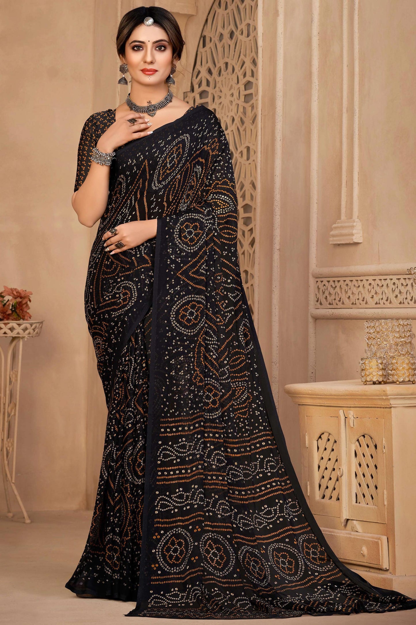 Black Color Chiffon Fabric Stylish Bandhej Print Casual Saree