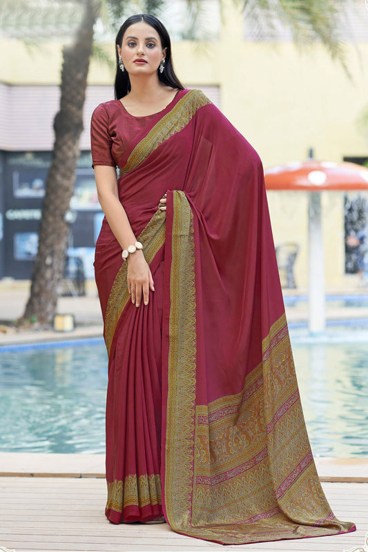 Dazzling Border Work On Maroon Color Casual Saree In Crepe Silk Fabric