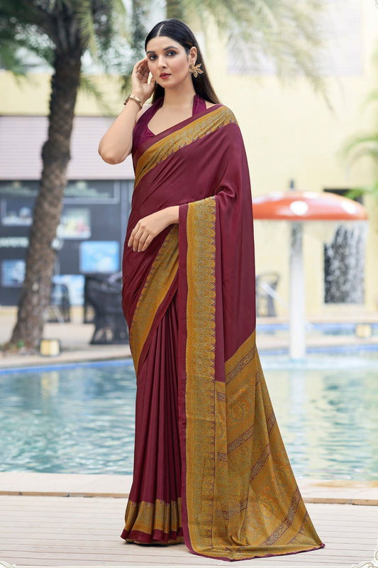 Mesmeric Maroon Color Border Work On Casual Saree In Crepe Silk Fabric