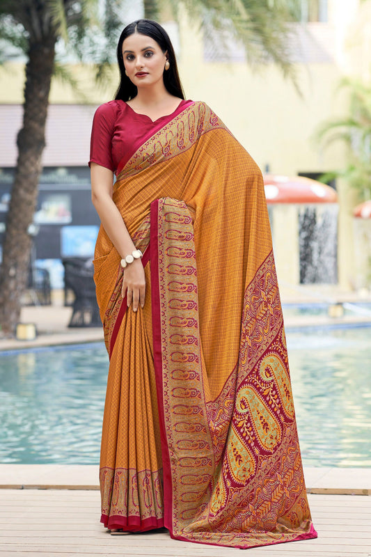 Orange Color Border Work On Crepe Silk Fabric Beatific Casual Saree