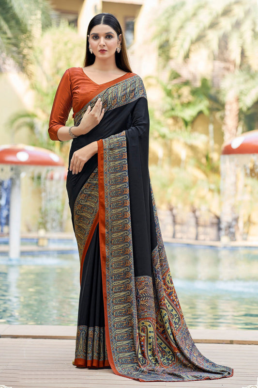 Beguiling Border Work On Black Color Crepe Silk Fabric Casual Saree