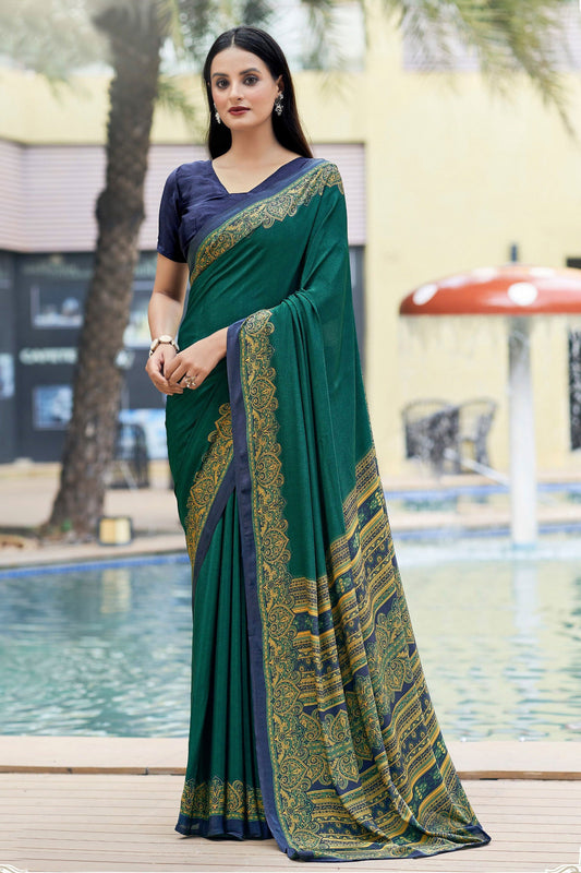 Incredible Border Work On Crepe Silk Fabric Green Color Casual Saree