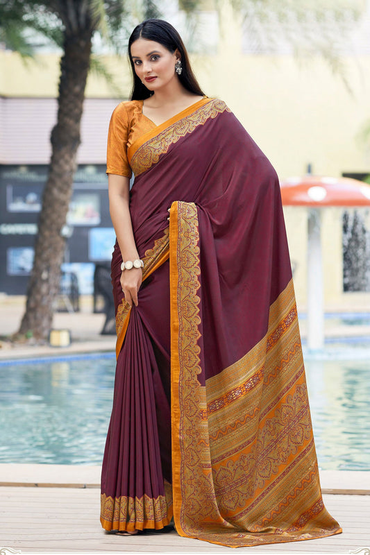 Classic Border Work On Wine Color Casual Saree In Crepe Silk Fabric