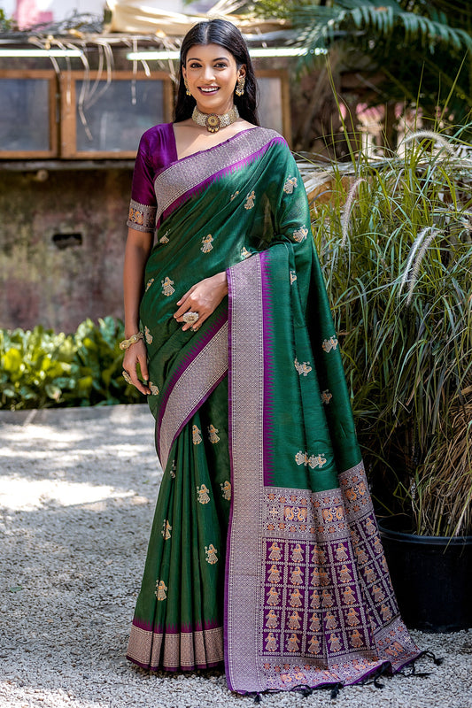 Dark Green Color Zari Weaving Border Work Art Silk Fabric Function Wear Saree