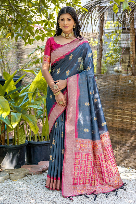 Zari Weaving Border Work Art Silk Fabric Saree In Grey Color