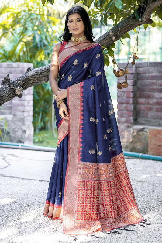 Navy Blue Color Art Silk Fabric Zari Weaving Border Work Function Wear Saree