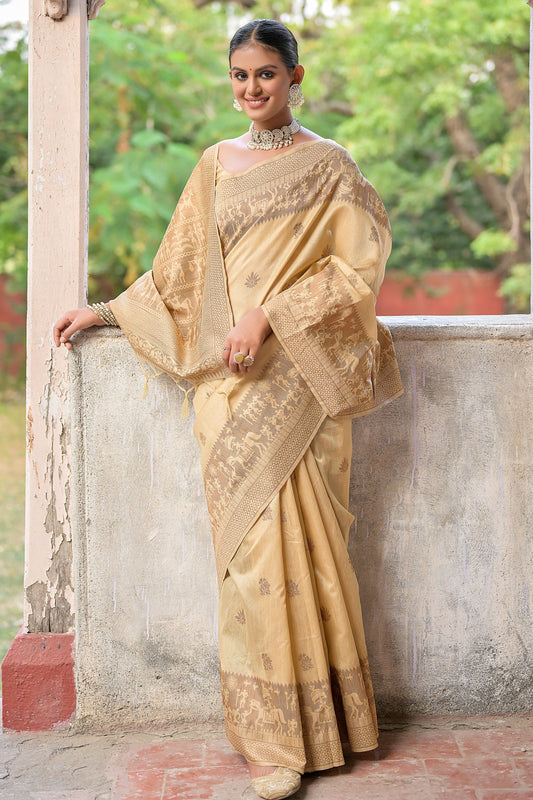 Delightful Cream Woven Border Handloom Art Silk Fabric Casual Saree