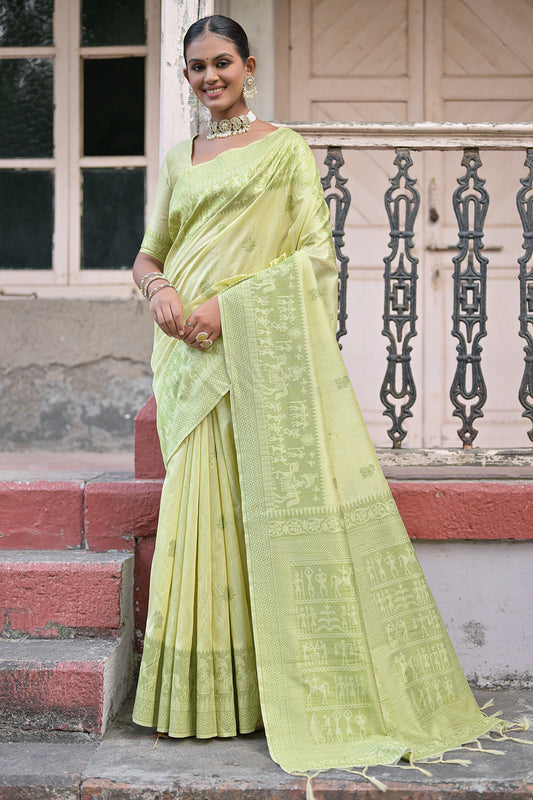 Handloom Art Silk Fabric Green Fancy Woven Border Casual Saree
