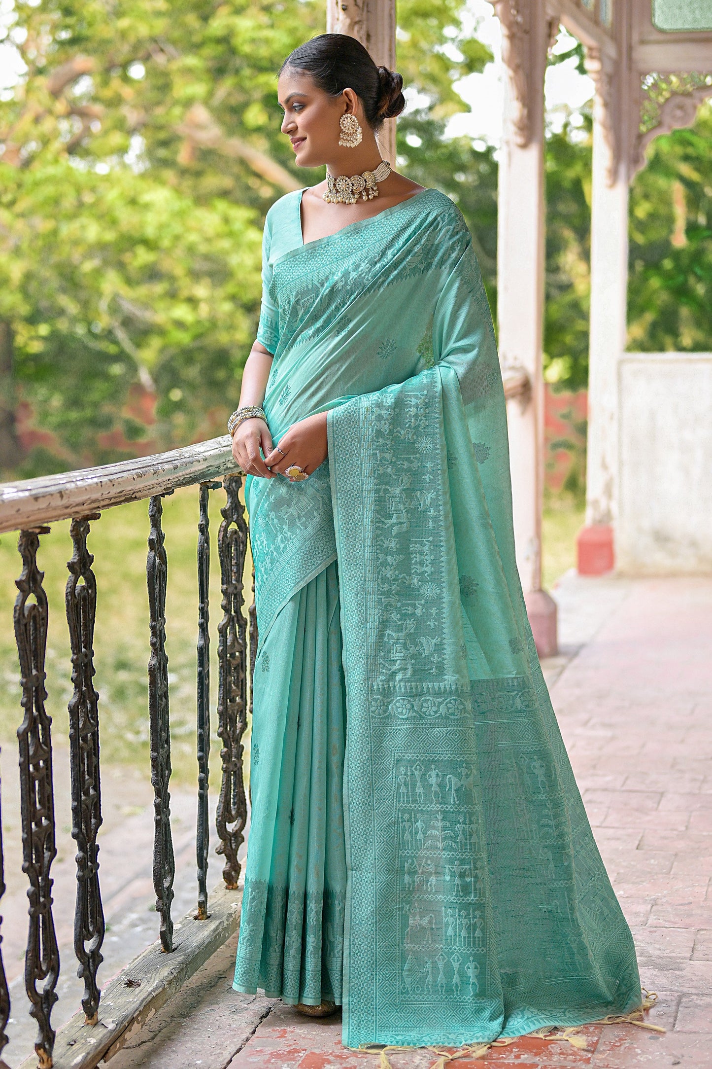 Cyan Handloom Art Silk Fabric Daily Wear Woven Border Casual Saree