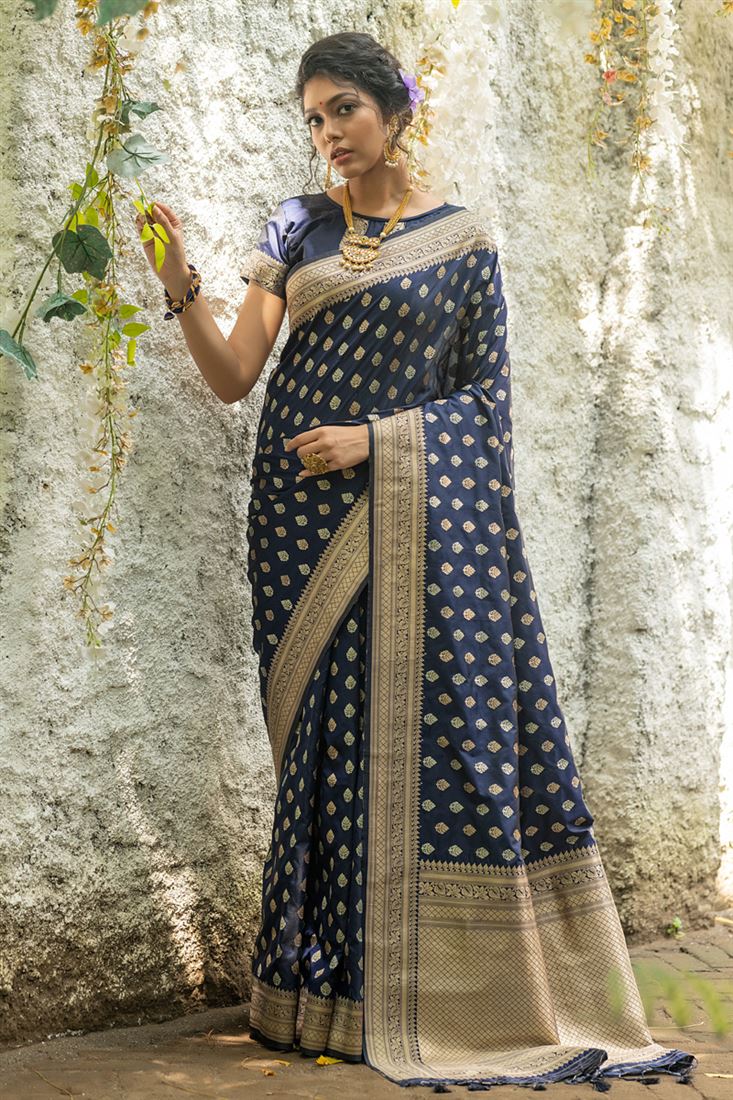 Stunning Navy Blue Color Weaving Work Banarasi Silk Saree