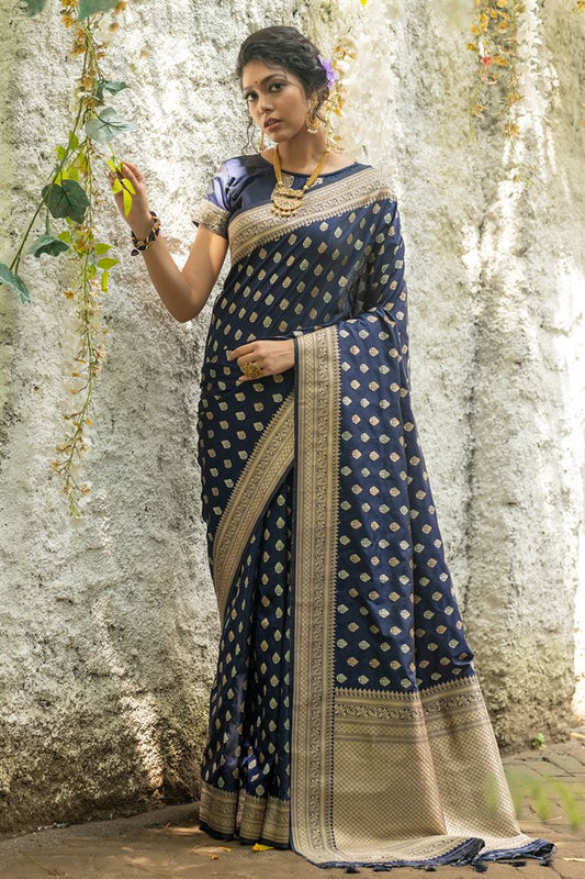 Stunning Navy Blue Color Weaving Work Banarasi Silk Saree