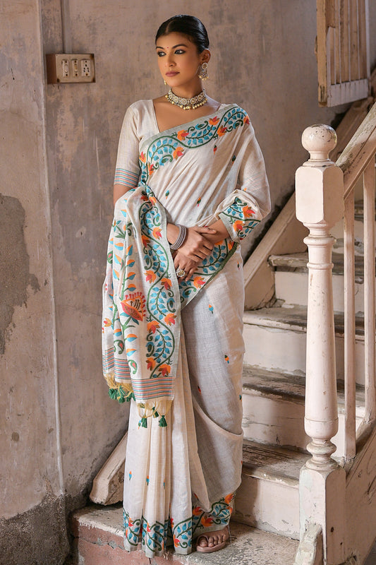 Daily Wear Cotton Fabric Handloom Woven Cream Saree
