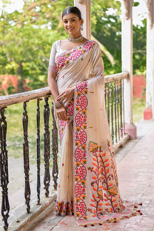 Cotton Fabric Cream Fancy Handloom Woven Casual Saree