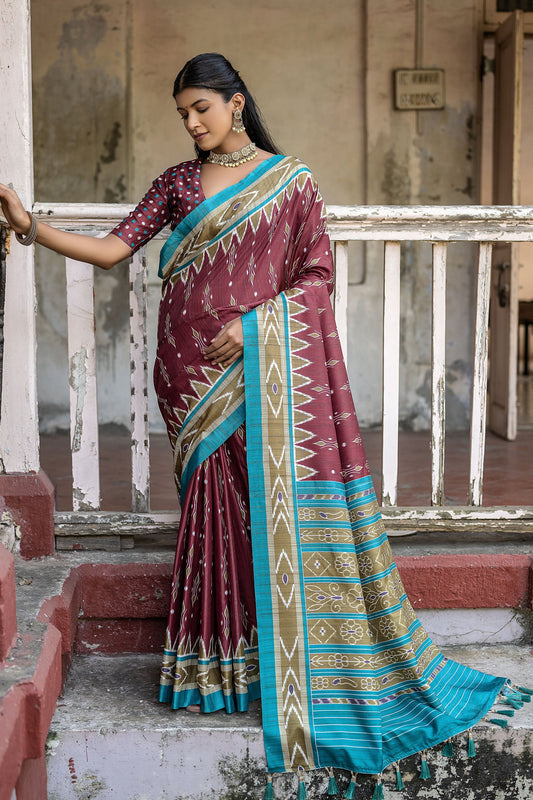 Cotton Silk Fabric Maroon Color Printed Saree