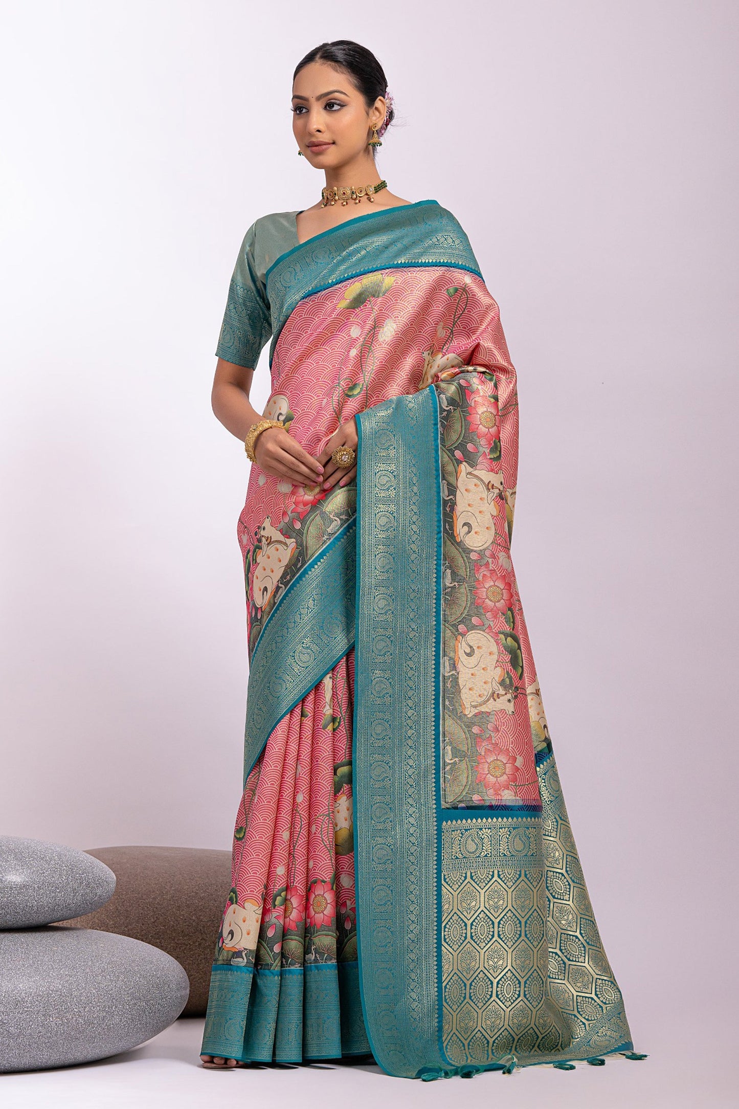 Sangeet Wear Tissue Silk Zari Weaving With Pichway Printed Pink Color Saree
