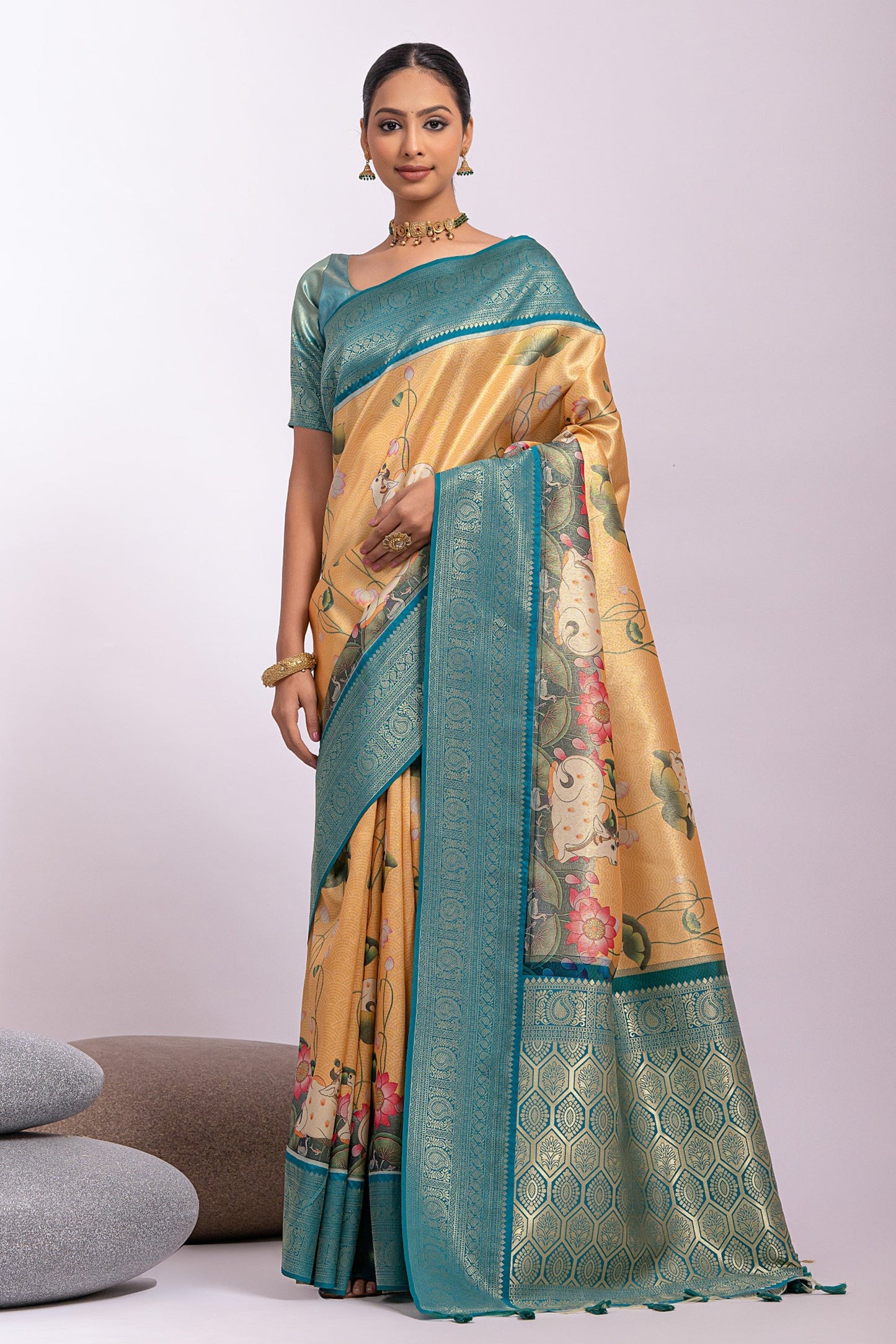 Sangeet Wear Tissue Silk Yellow Color Zari Weaving With Pichway Printed Saree