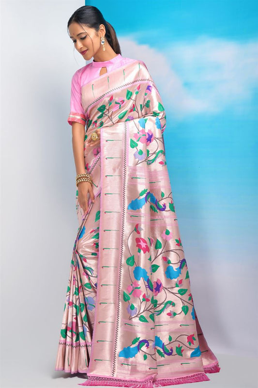 Engaging Pink Color Paithani Silk Fabric Saree With Weaving Work