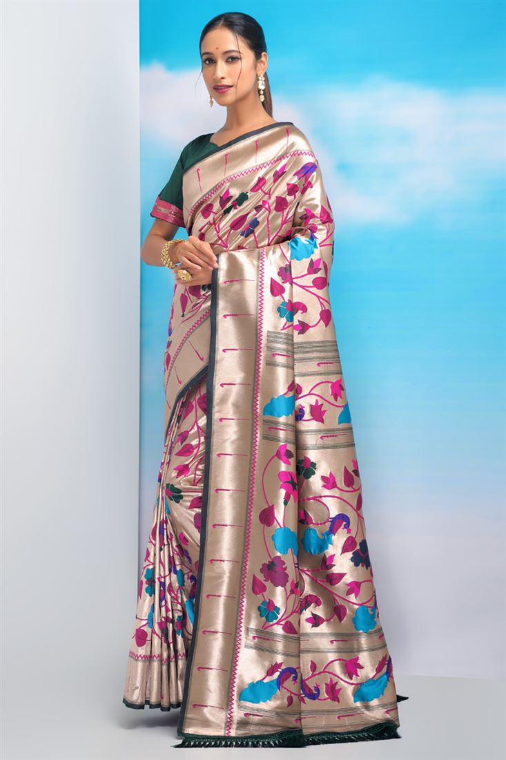 Amazing Weaving Work On Multi Color Paithani Silk Fabric Saree