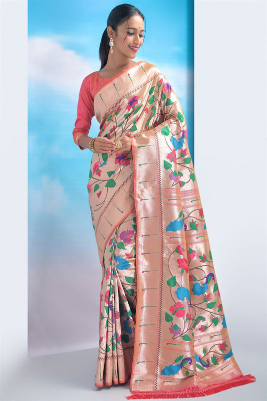 Trendy Paithani Silk Fabric Peach Color Saree With Weaving Work