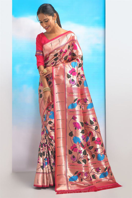 Pink Color Weaving Work On Paithani Silk Fabric Chic Saree