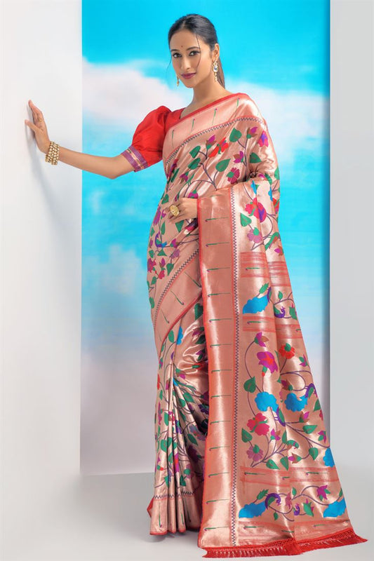 Soothing Weaving Work On Red Color Paithani Silk Fabric Saree