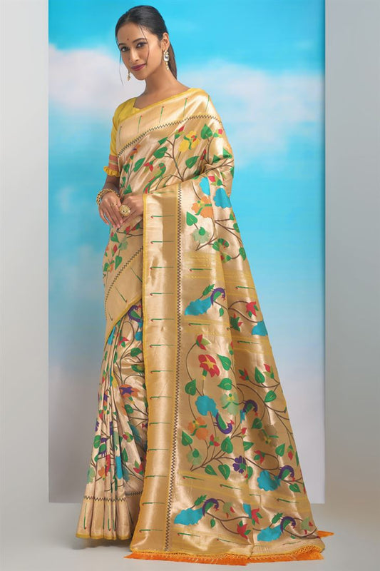 Weaving Work On Paithani Silk Fabric Yellow Color Gorgeous Saree