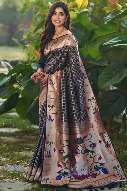 Navy Blue Color Weaving Work Intriguing Paithani Silk Saree