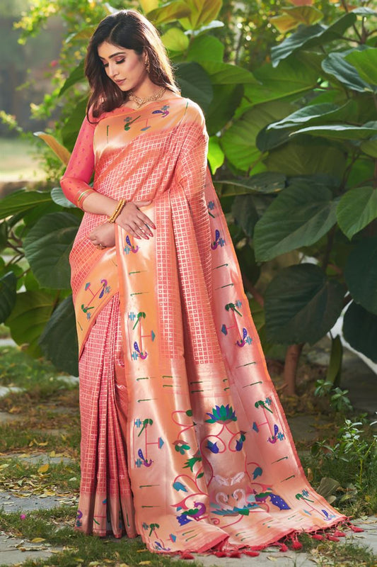 Weaving Work On Superior Paithani Silk Saree In Peach Color