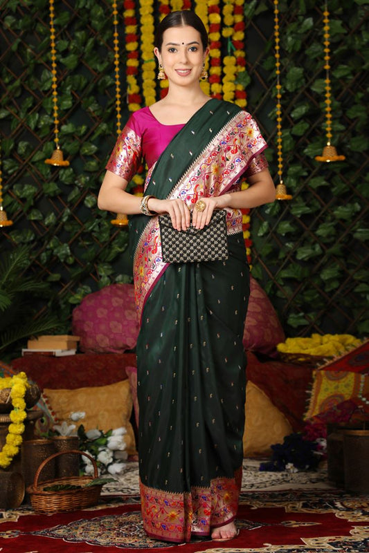 Dark Green Color Beatific Festive Wear Paithani Silk Saree