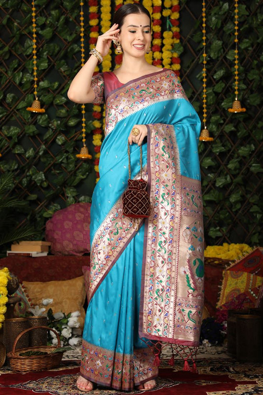 Beguiling Cyan Color Festive Wear Paithani Silk Saree