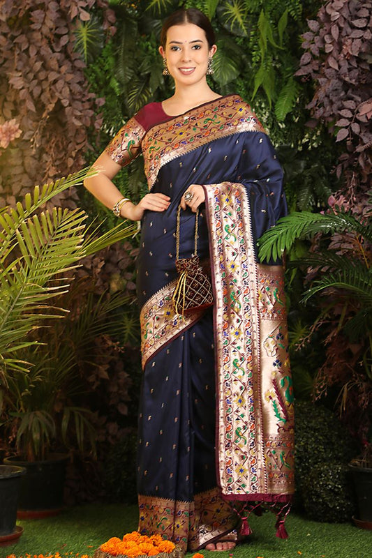Tempting Navy Blue Color Festive Wear Paithani Silk Saree
