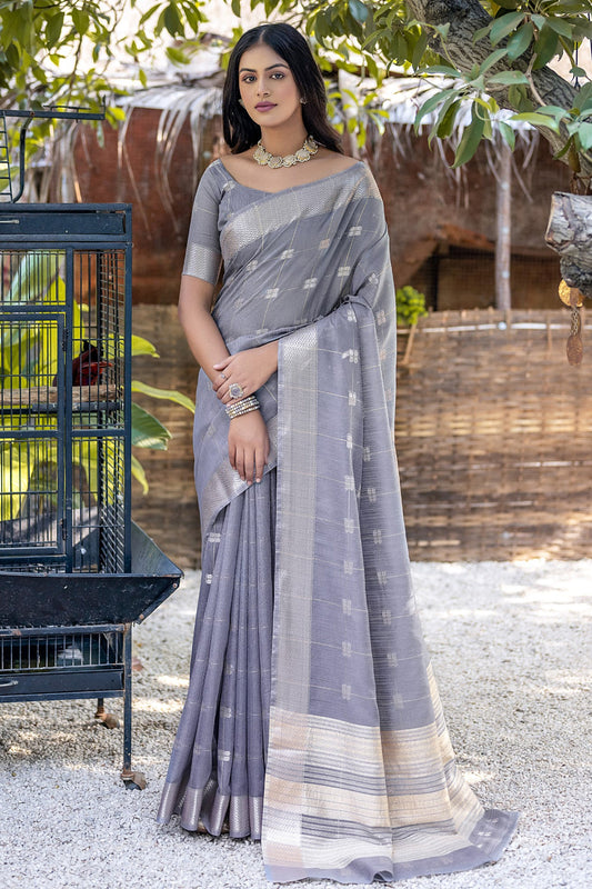 Grey Color Zari Woven Border Daily Wear Pure Cotton Fabric Saree