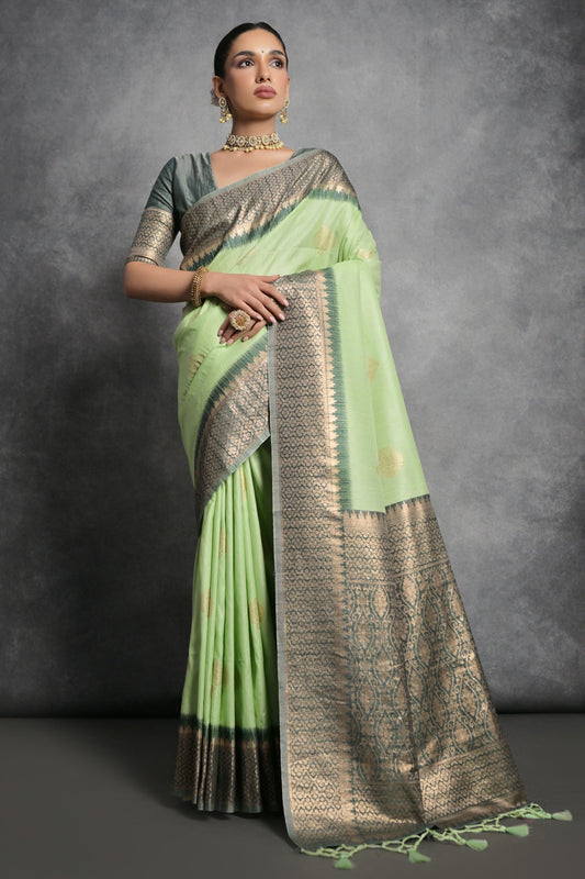 समुद्री हरे रंग की विशेष ज़री बुनाई बॉर्डर वर्क टसर सिल्क साड़ियाँ