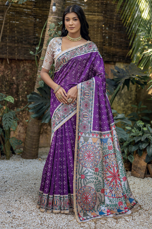 डेली वियर सॉफ्ट टसर सिल्क पर्पल कलर प्रिंटेड साड़ी
