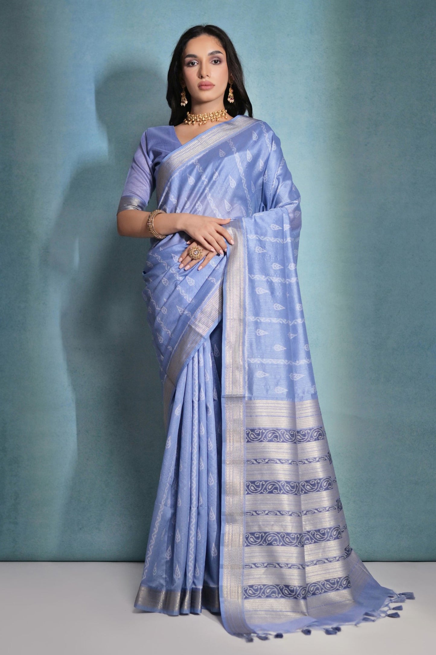 Delightful Blue Zari Weaving Border Work Raw Silk Function Wear Saree