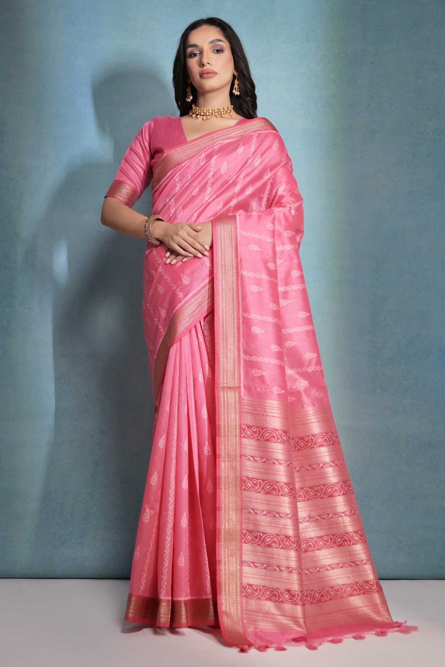Raw Silk Pink Zari Weaving Border Work Festive Wear Saree