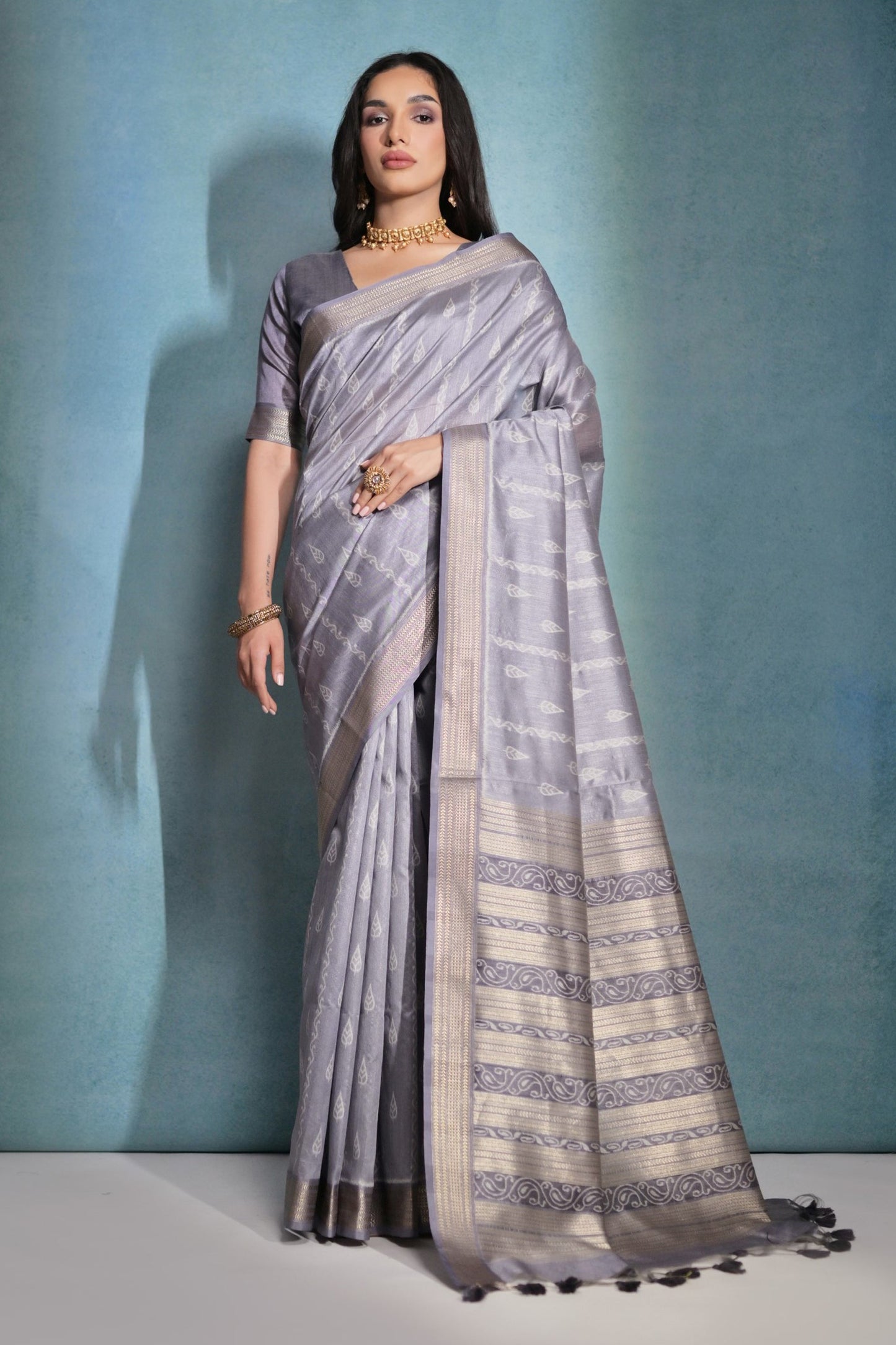Festive Wear Raw Silk Grey Zari Weaving Border Work Saree