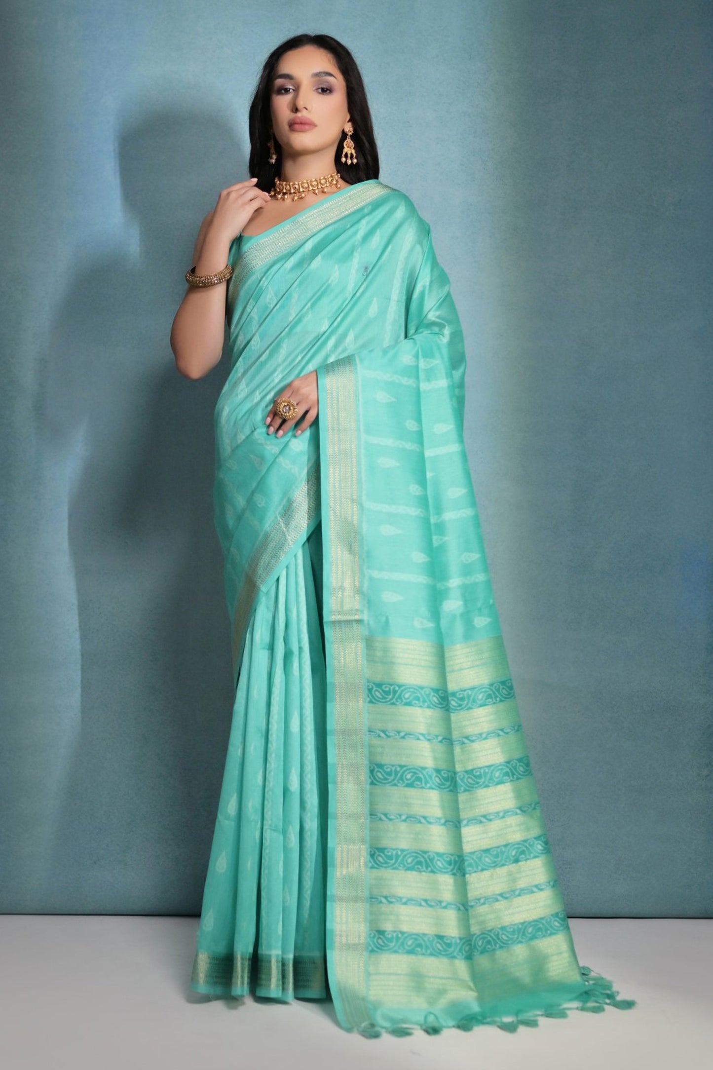 Sea Green Raw Silk Festive Wear Zari Weaving Border Work Saree