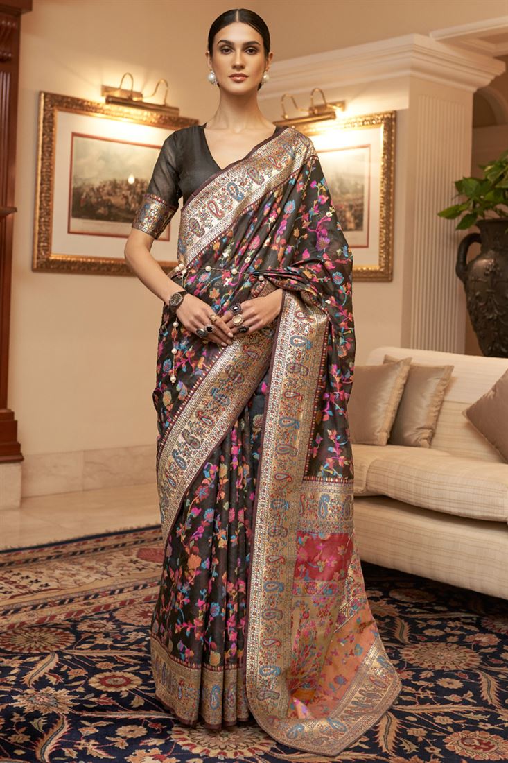 Berry Black Handloom Weaving Saree