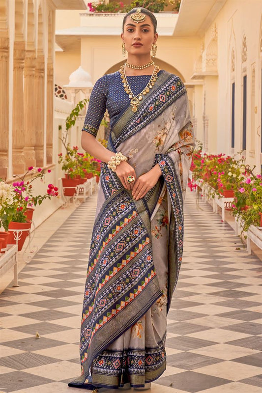 Floral Printed Function Wear Heavy Blue Art Silk Saree