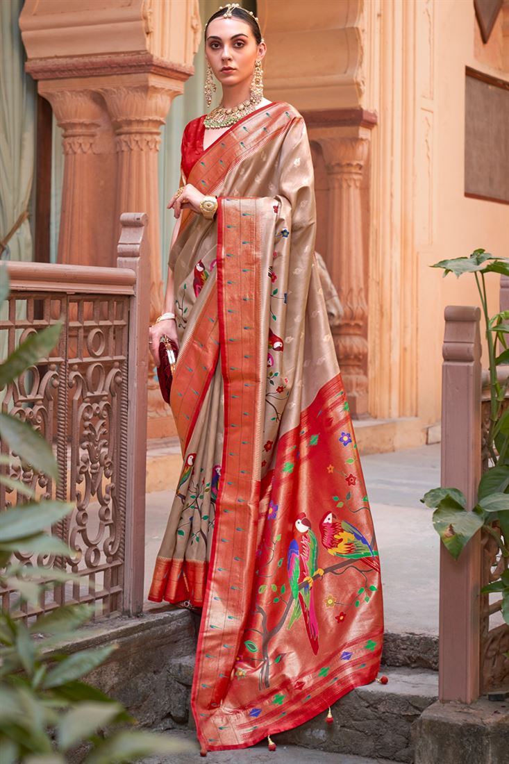 Beige Color Printed Designs On Art Silk Intriguing Saree
